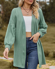 Textured Open Front Knit Cardigan with Balloon Sleeves for Women
