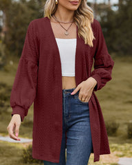 Textured Open Front Knit Cardigan with Balloon Sleeves for Women