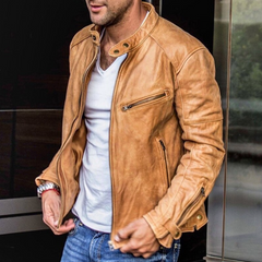 Zip-Up Faux Leather Moto Jacket for Men
