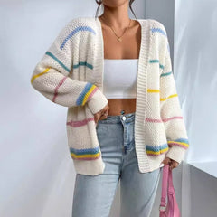 Chunky Knit Cardigan with Pastel Rainbow Stripes for Women