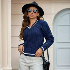 Cable Knit V-Neck Sweater with Contrast Trim for Women