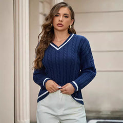 Cable Knit V-Neck Sweater with Contrast Trim for Women