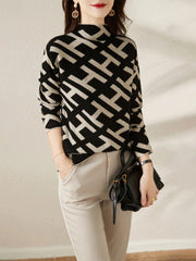 Geometric Pattern High Neck Knit Sweater for Women