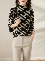 Geometric Pattern High Neck Knit Sweater for Women