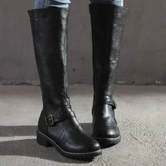 Buckle Strap Knee-High Faux Leather Boots for Women