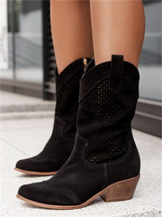 Perforated Faux Leather Western Boots for Women