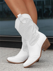 Perforated Faux Leather Western Boots for Women