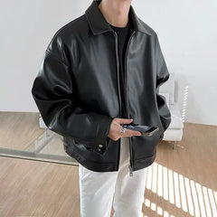 Boxy Zip-Up Faux Leather Jacket for Men