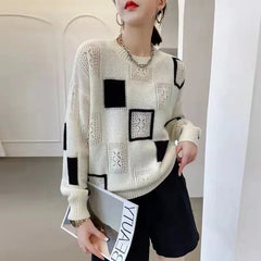 Geometric Patchwork Knit Sweater for Women