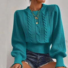Cable Knit Cropped Balloon Sleeve Sweater for Women