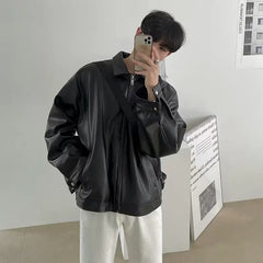 Boxy Zip-Up Faux Leather Jacket for Men