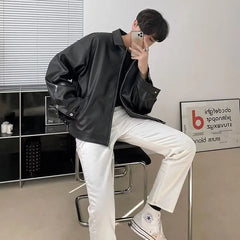 Boxy Zip-Up Faux Leather Jacket for Men