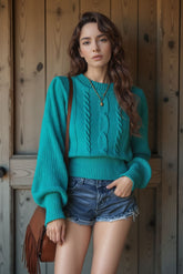 Cable Knit Cropped Balloon Sleeve Sweater for Women