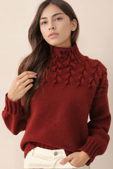 Textured Cable Knit Turtleneck Sweater for Women