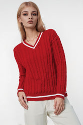 Cable Knit V-Neck Sweater with Contrast Trim for Women