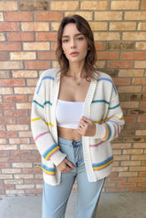 Chunky Knit Cardigan with Pastel Rainbow Stripes for Women