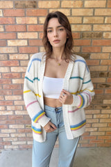 Chunky Knit Cardigan with Pastel Rainbow Stripes for Women