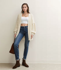 Textured Open Front Knit Cardigan with Balloon Sleeves for Women
