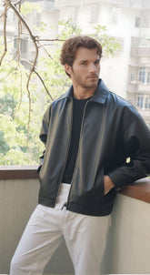 Boxy Zip-Up Faux Leather Jacket for Men