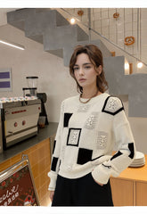 Geometric Patchwork Knit Sweater for Women
