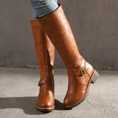 Buckle Strap Knee-High Faux Leather Boots for Women
