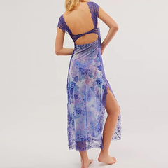 Lace-Trimmed Sheer Floral Maxi Dress for Women