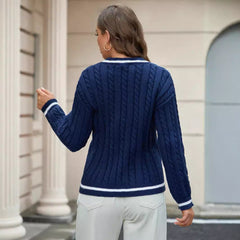Cable Knit V-Neck Sweater with Contrast Trim for Women