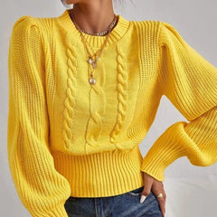 Cable Knit Cropped Balloon Sleeve Sweater for Women