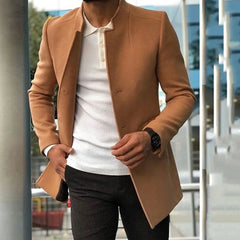 Slim Fit Stand Collar Wool-Blend Coat for Men