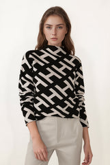 Geometric Pattern High Neck Knit Sweater for Women