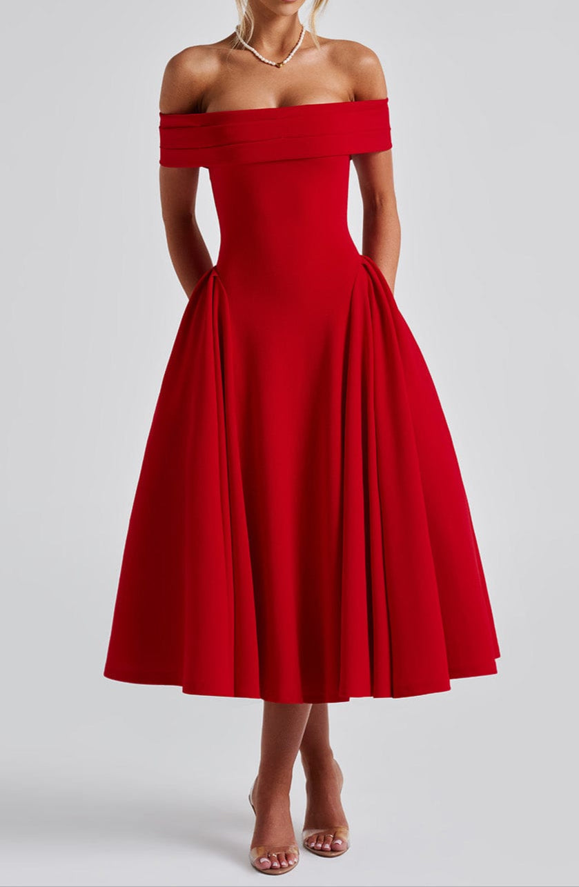 Off-Shoulder Fit and Flare Midi Dress for Women
