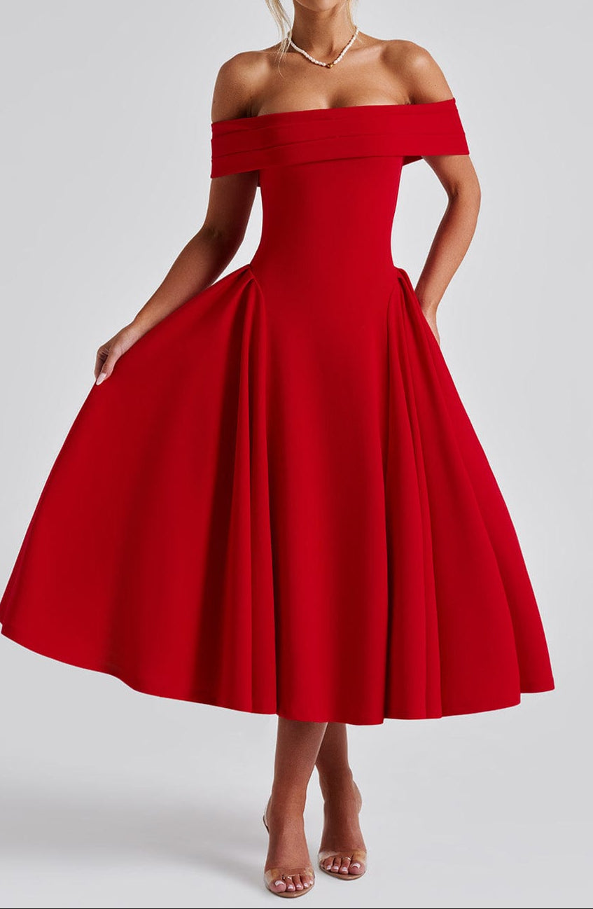 Off-Shoulder Fit and Flare Midi Dress for Women