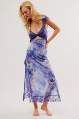 Lace-Trimmed Sheer Floral Maxi Dress for Women
