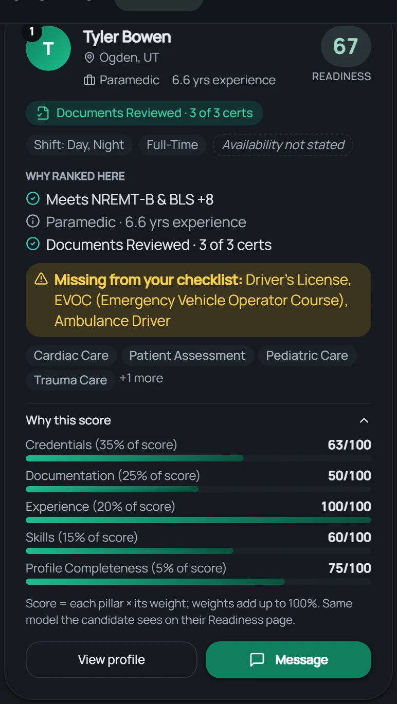 One candidate's card with Why this score open