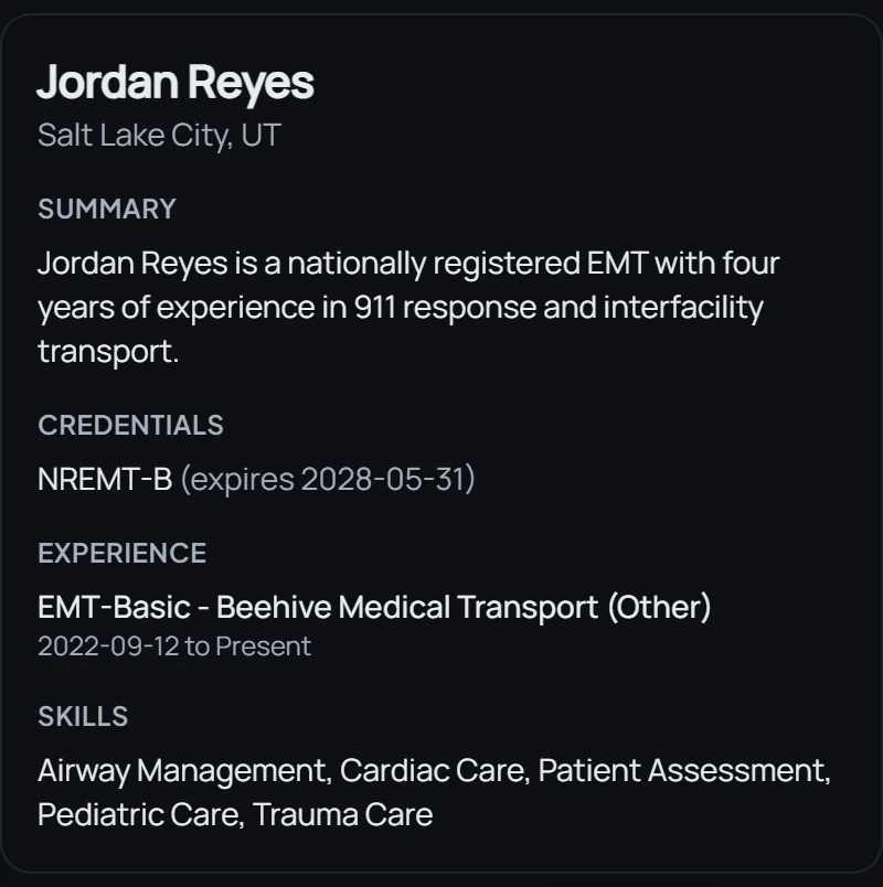 A resume Arevina built from an EMT profile