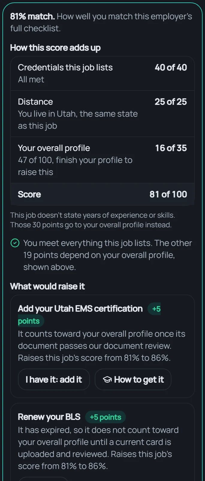 The Why? panel: how a job score adds up, part by part